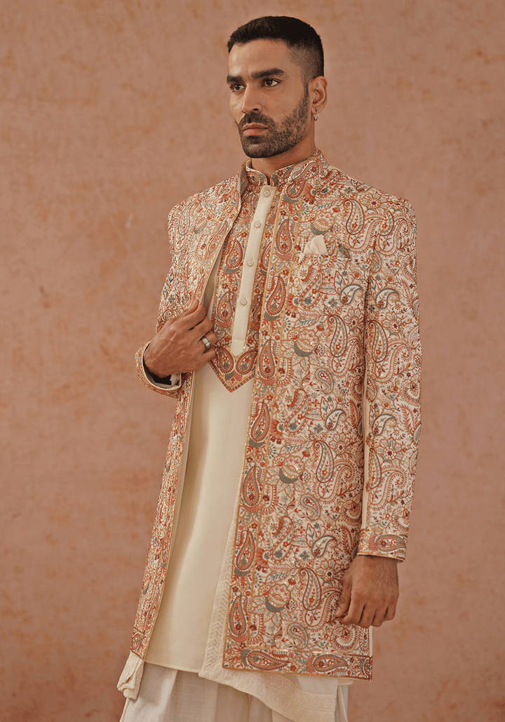 Cream Indo Western Kurta Set With Jacket Kalpraag - Fabilicious Fashion