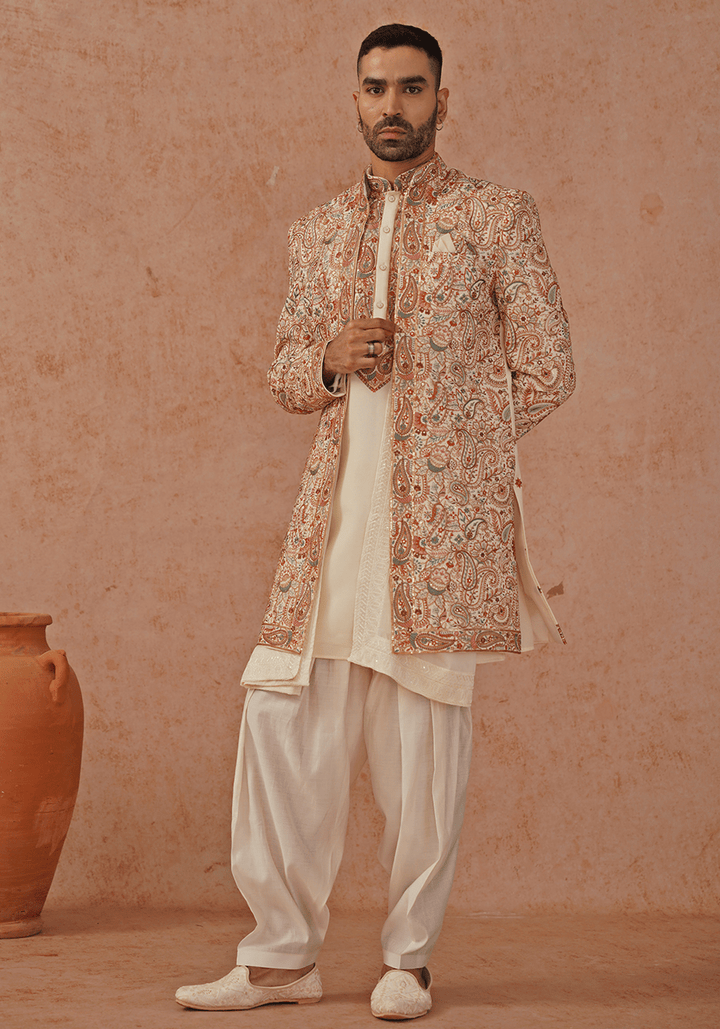 Cream Indo Western Kurta Set With Jacket Kalpraag - Fabilicious Fashion