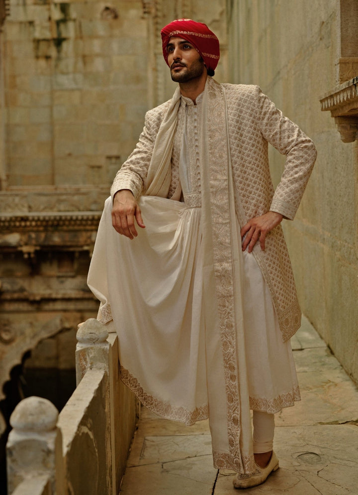 Cream Raw Silk Sherwani Set Nitika Gujral - Men - Fabilicious Fashion