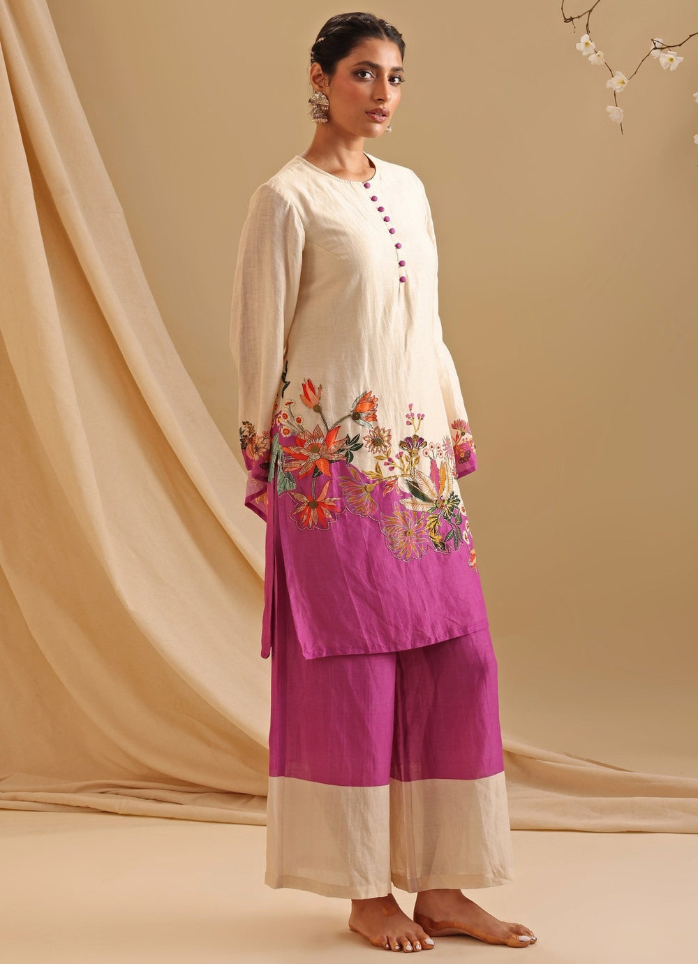 Cream Silk Floral Printed Kurta And Flared Pant Set Soup By Sougat Paul - Fabilicious Fashion