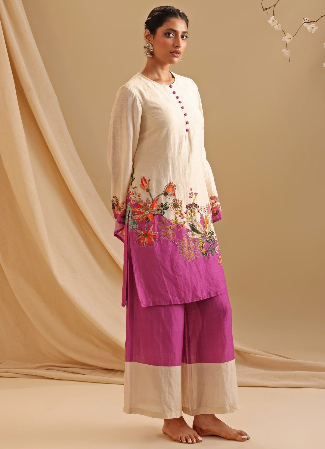 Cream Silk Floral Printed Kurta And Flared Pant Set Soup By Sougat Paul - Fabilicious Fashion
