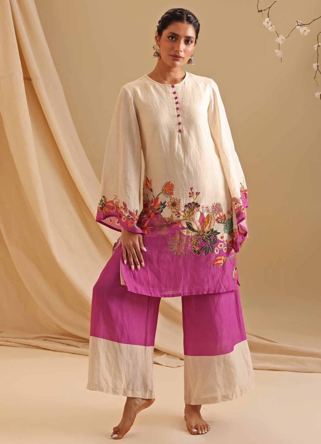 Cream Silk Floral Printed Kurta And Flared Pant Set Soup By Sougat Paul - Fabilicious Fashion