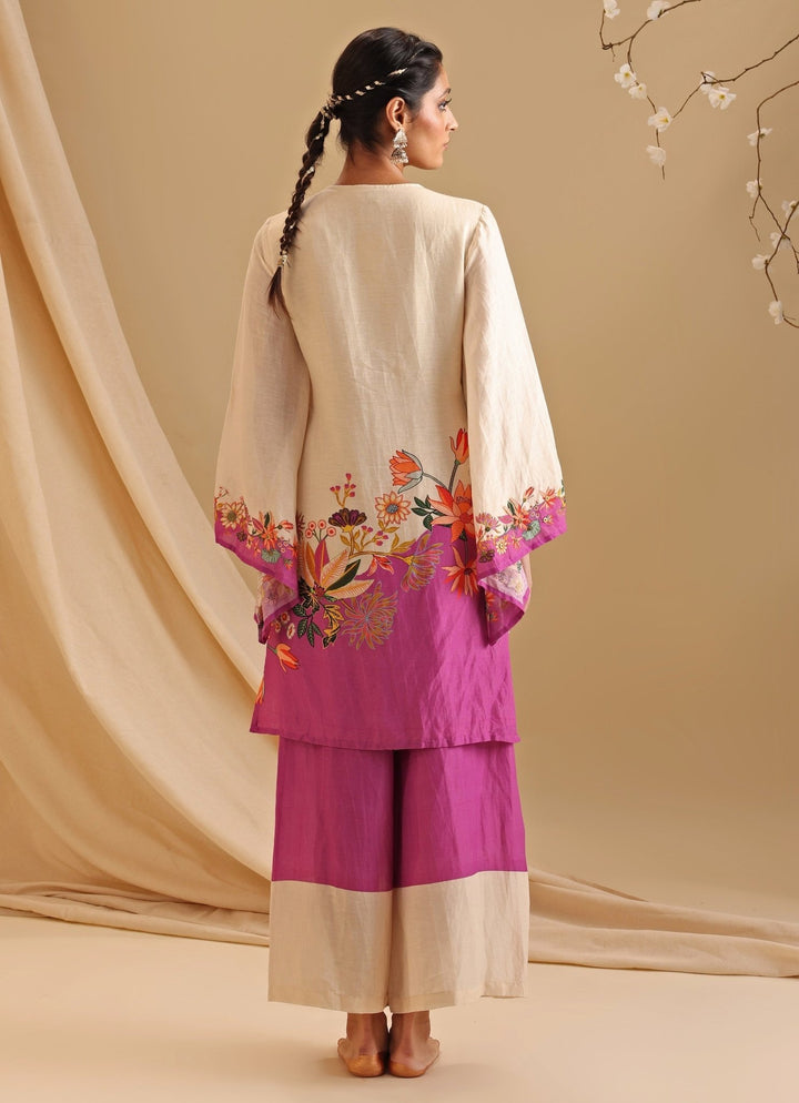 Cream Silk Floral Printed Kurta And Flared Pant Set Soup By Sougat Paul - Fabilicious Fashion