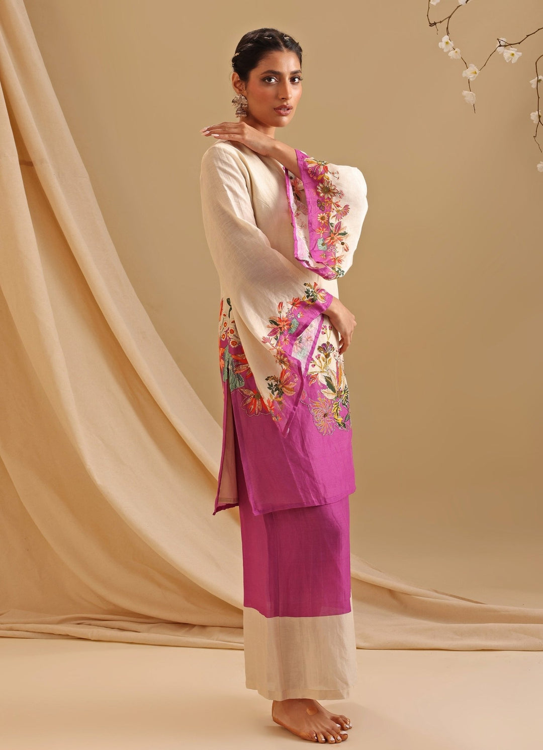 Cream Silk Floral Printed Kurta And Flared Pant Set Soup By Sougat Paul - Fabilicious Fashion