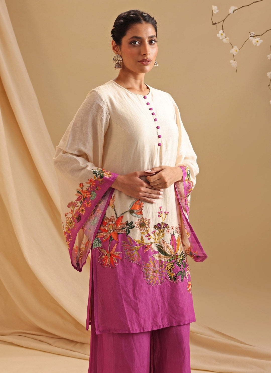 Cream Silk Floral Printed Kurta And Flared Pant Set Soup By Sougat Paul - Fabilicious Fashion