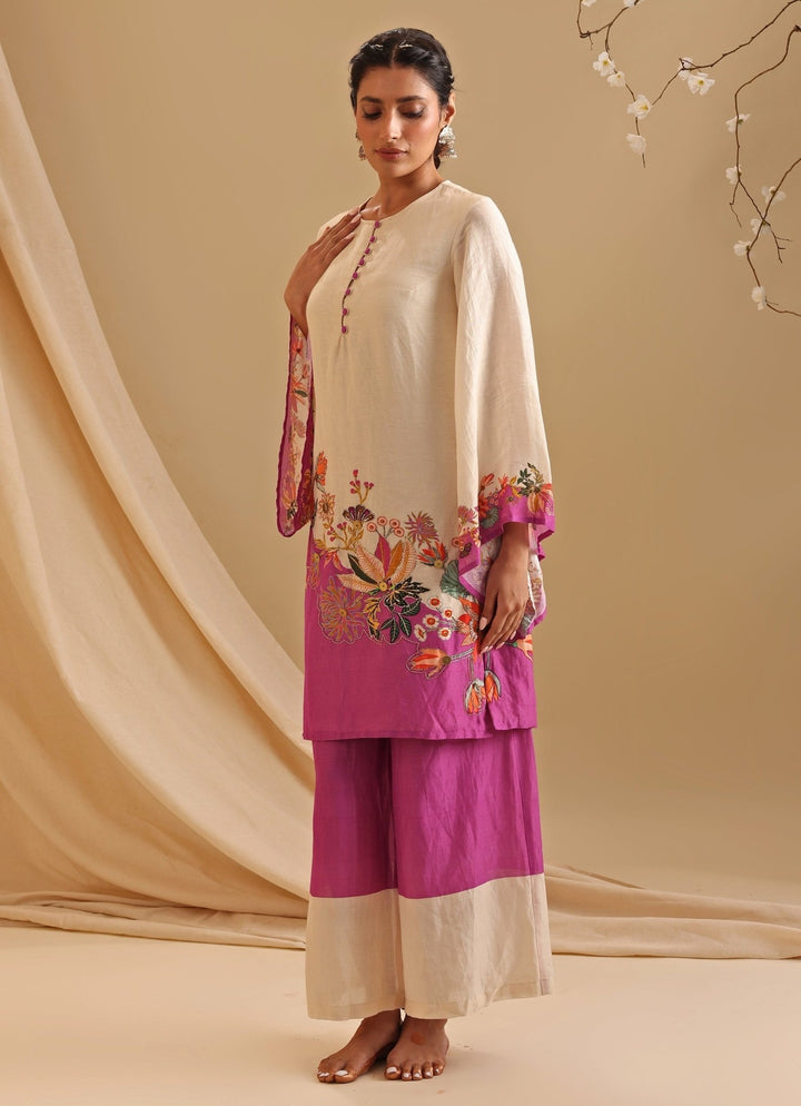 Cream Silk Floral Printed Kurta And Flared Pant Set Soup By Sougat Paul - Fabilicious Fashion