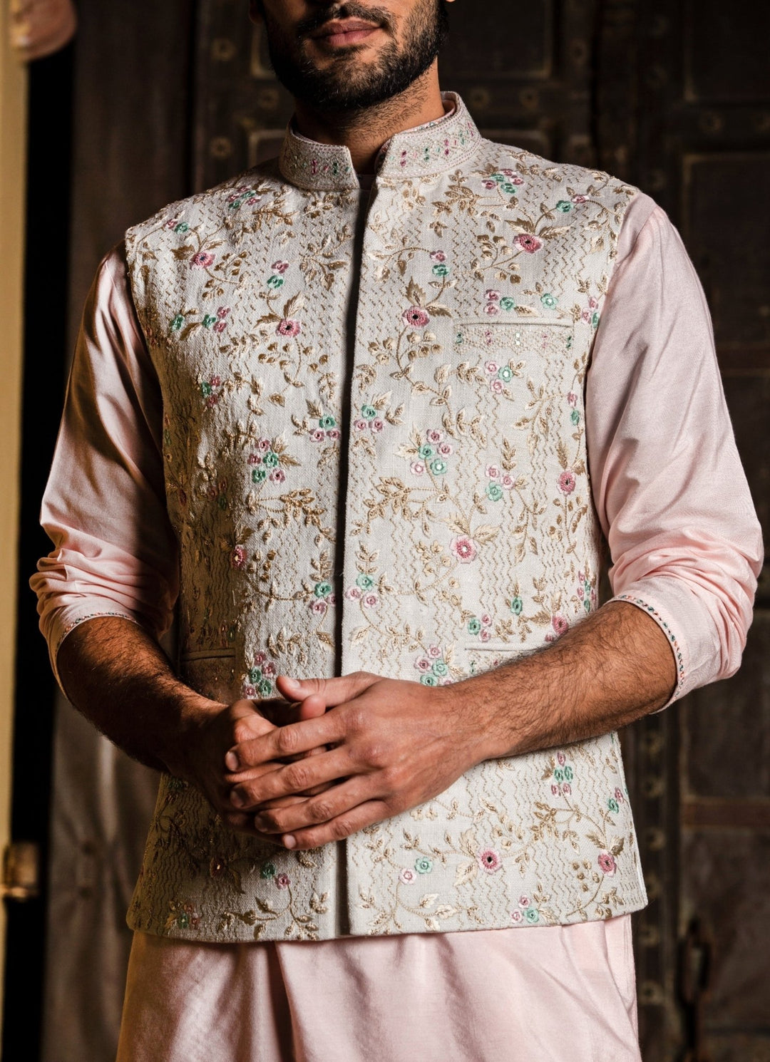 Cream Silk Nehru Jacket with Blush Pink Kurta Set Nitika Gujral - Men - Fabilicious Fashion