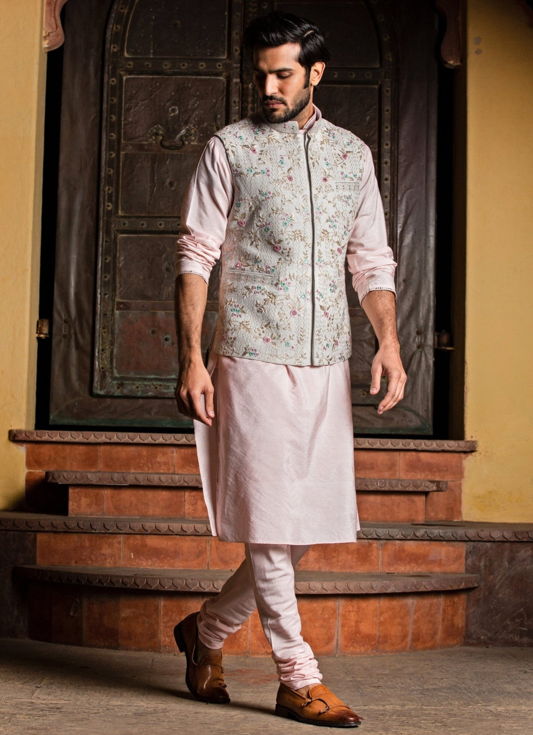 Cream Silk Nehru Jacket with Blush Pink Kurta Set Nitika Gujral - Men - Fabilicious Fashion
