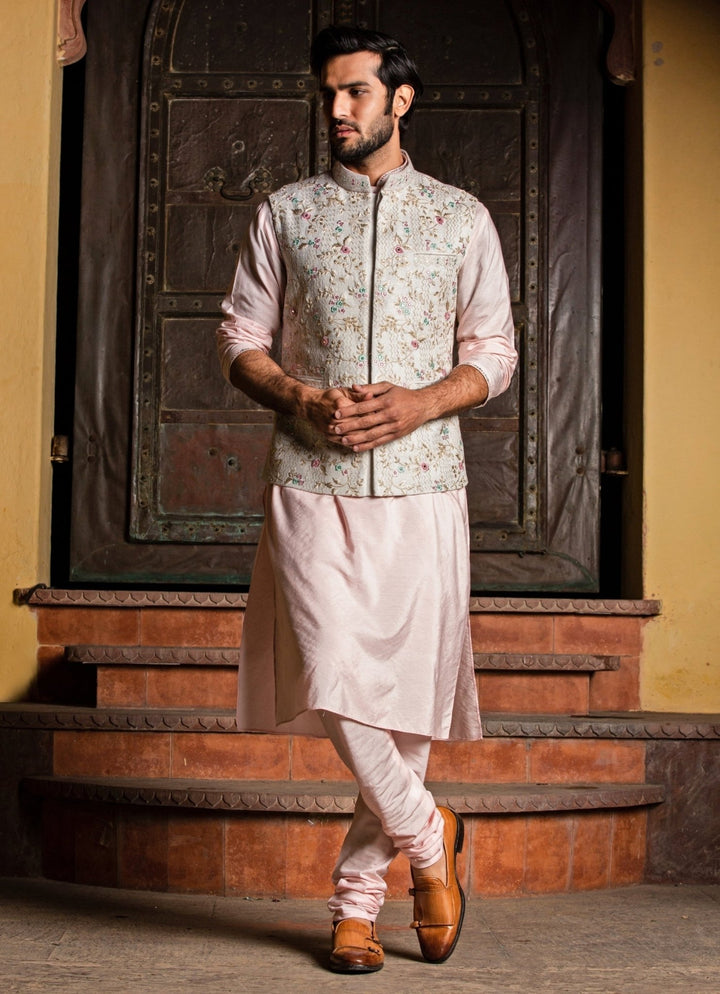 Cream Silk Nehru Jacket with Blush Pink Kurta Set Nitika Gujral - Men - Fabilicious Fashion