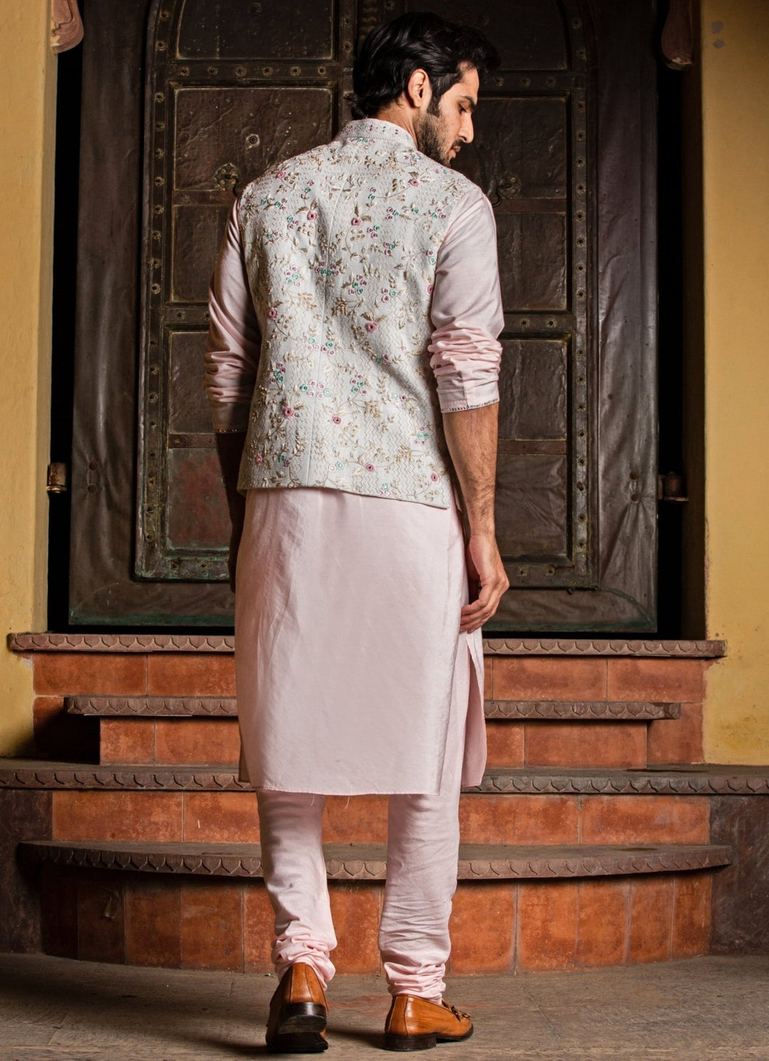 Cream Silk Nehru Jacket with Blush Pink Kurta Set Nitika Gujral - Men - Fabilicious Fashion