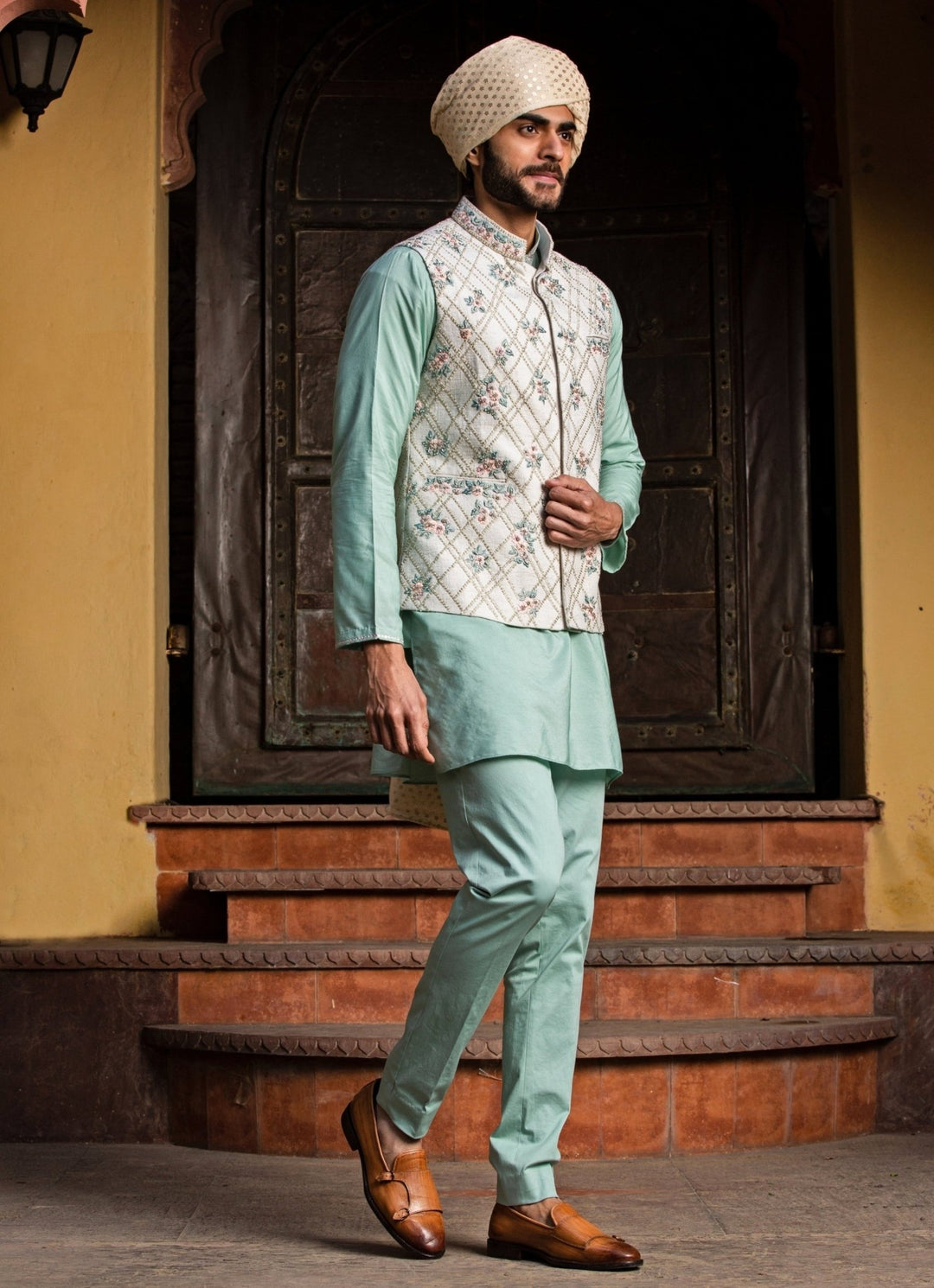 Cream Silk Nehru Jacket with Mint Green Kurta Set Nitika Gujral - Men - Fabilicious Fashion