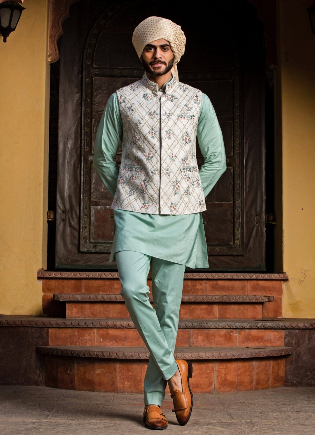 Cream Silk Nehru Jacket with Mint Green Kurta Set Nitika Gujral - Men - Fabilicious Fashion