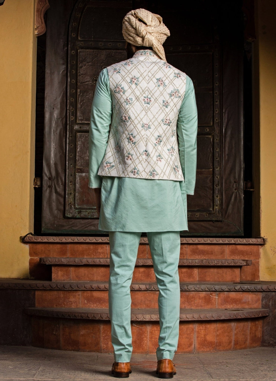 Cream Silk Nehru Jacket with Mint Green Kurta Set Nitika Gujral - Men - Fabilicious Fashion