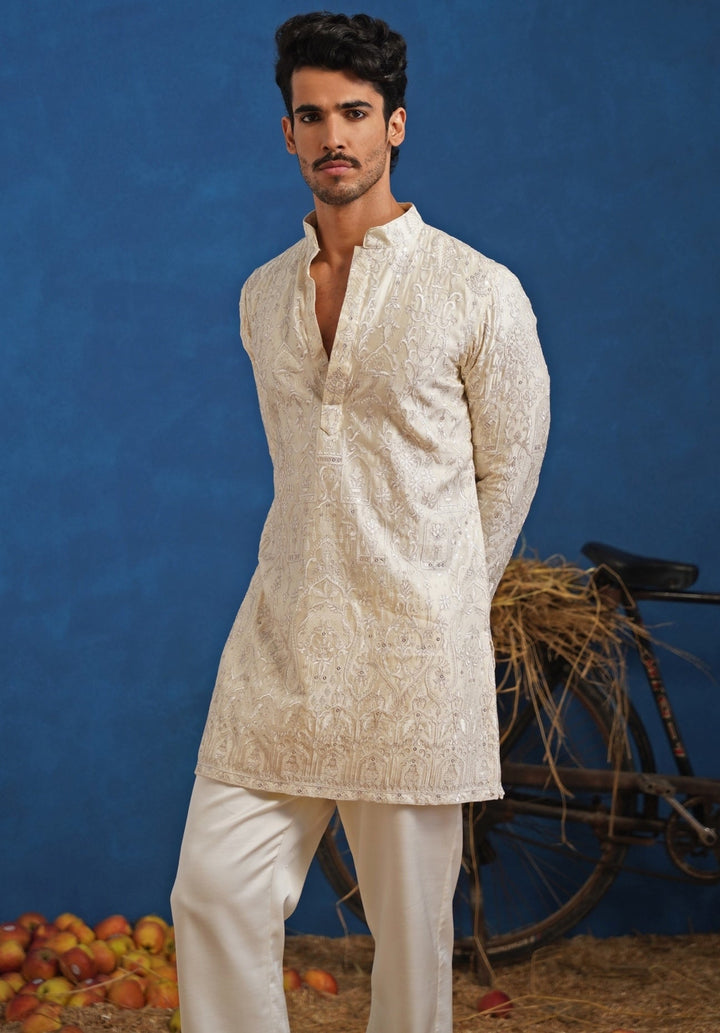 Cream Silk Short Kurta Set Kalpraag - Fabilicious Fashion