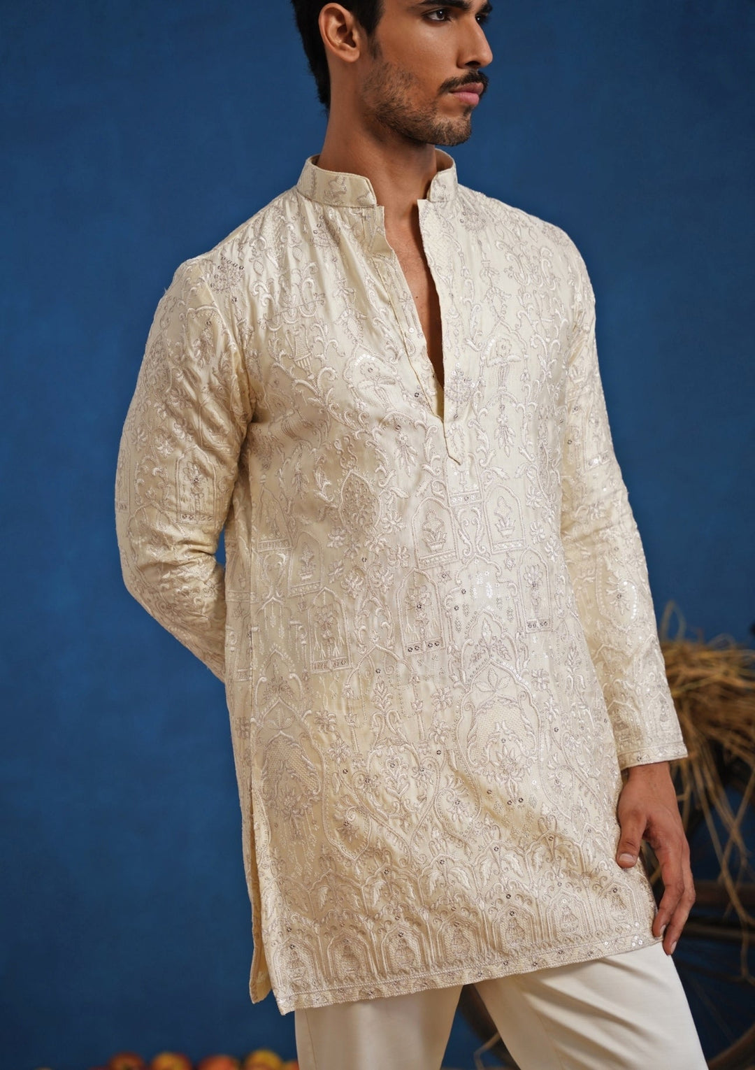 Cream Silk Short Kurta Set Kalpraag - Fabilicious Fashion