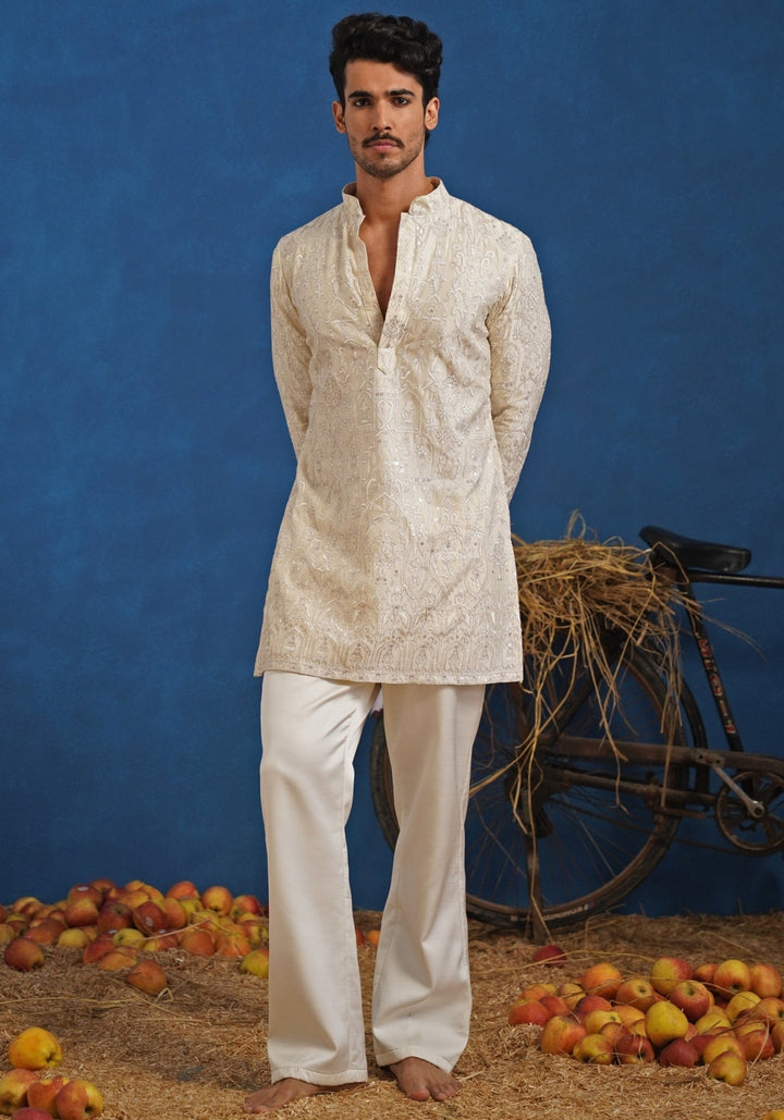 Cream Silk Short Kurta Set Kalpraag - Fabilicious Fashion