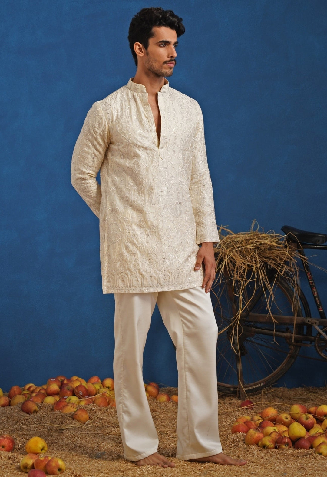 Cream Silk Short Kurta Set Kalpraag - Fabilicious Fashion