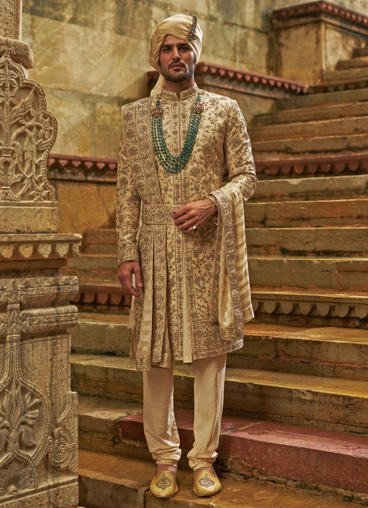 Cream Taffeta Sherwani Set Nitika Gujral - Men - Fabilicious Fashion