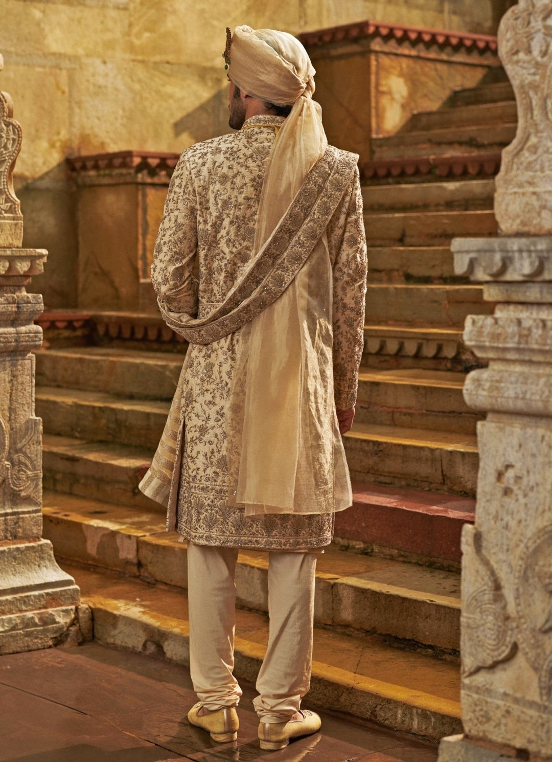 Cream Taffeta Sherwani Set Nitika Gujral - Men - Fabilicious Fashion