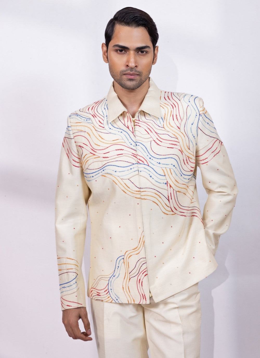 Smriti - Men Cream Thread Embroidered Shacket SetFabilicious Fashion