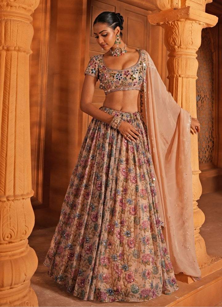 Cream With Multicolor Printed Organza Lehenga Enamour by Radha - Fabilicious Fashion