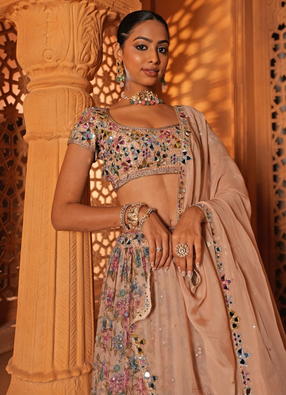 Cream With Multicolor Printed Organza Lehenga Enamour by Radha - Fabilicious Fashion