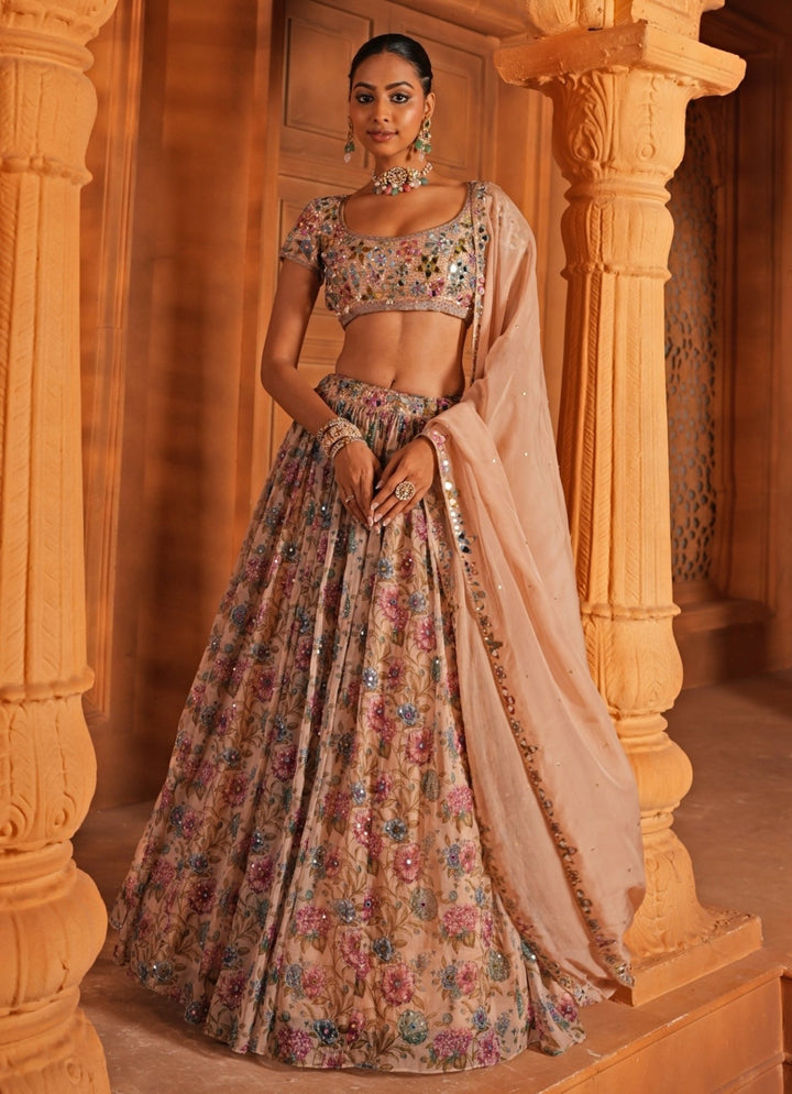 Cream With Multicolor Printed Organza Lehenga Enamour by Radha - Fabilicious Fashion