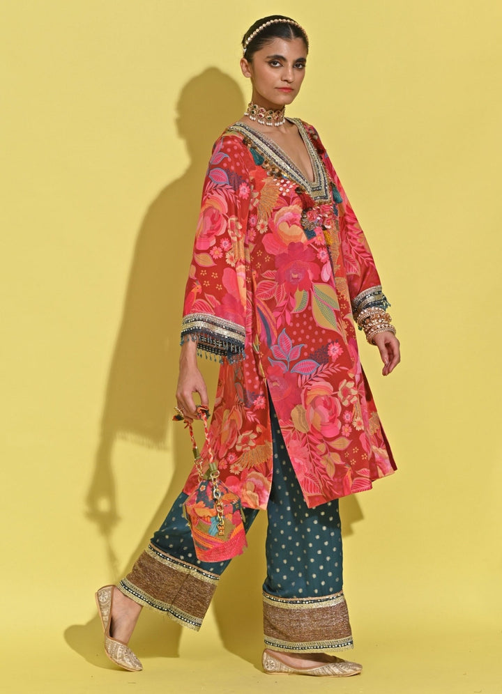 Rishi And Vibhuti Crimson Red And Blue Crepe Kurta Pants SetFabilicious Fashion