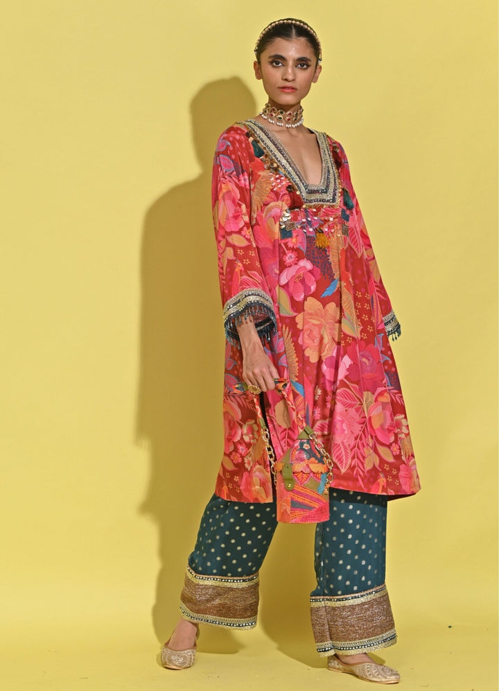 Rishi And Vibhuti Crimson Red And Blue Crepe Kurta Pants SetFabilicious Fashion