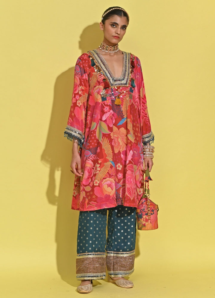 Rishi And Vibhuti Crimson Red And Blue Crepe Kurta Pants SetFabilicious Fashion