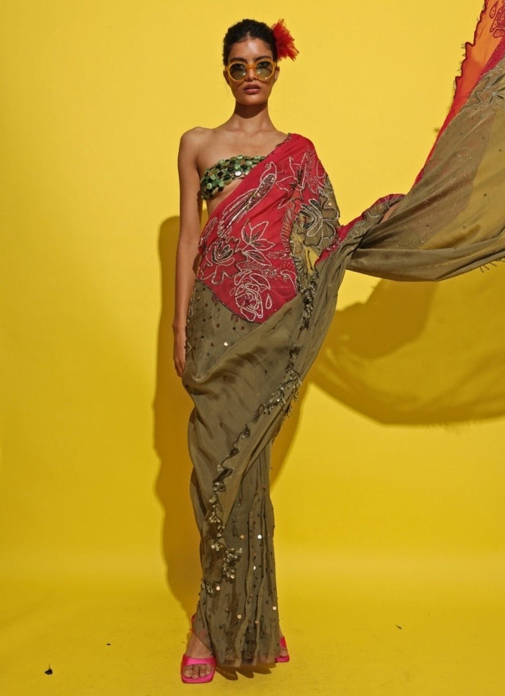 Rishi And Vibhuti Crimson Red And Green Crepe SareeFabilicious Fashion