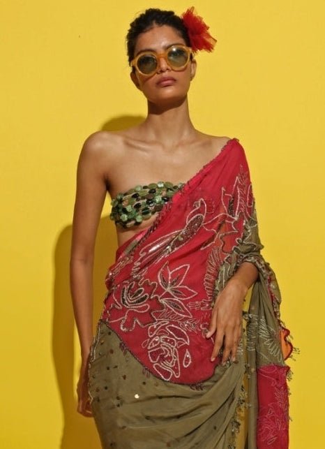 Rishi And Vibhuti Crimson Red And Green Crepe SareeFabilicious Fashion