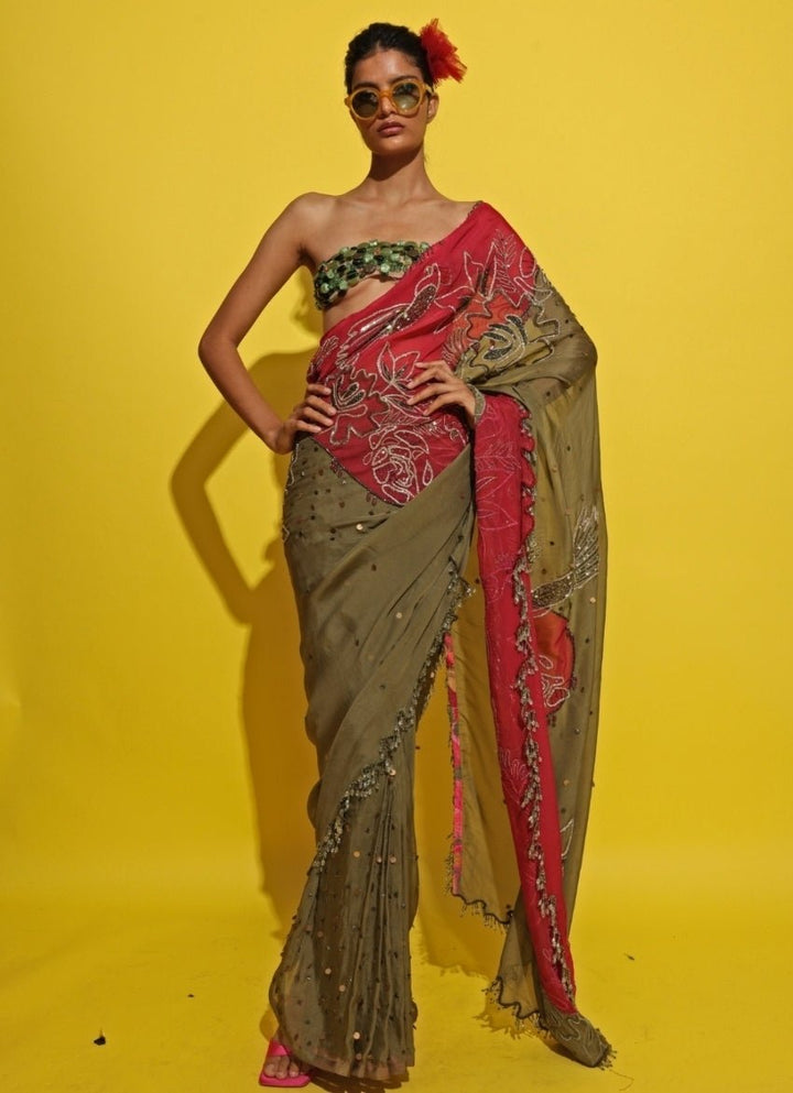 Rishi And Vibhuti Crimson Red And Green Crepe SareeFabilicious Fashion