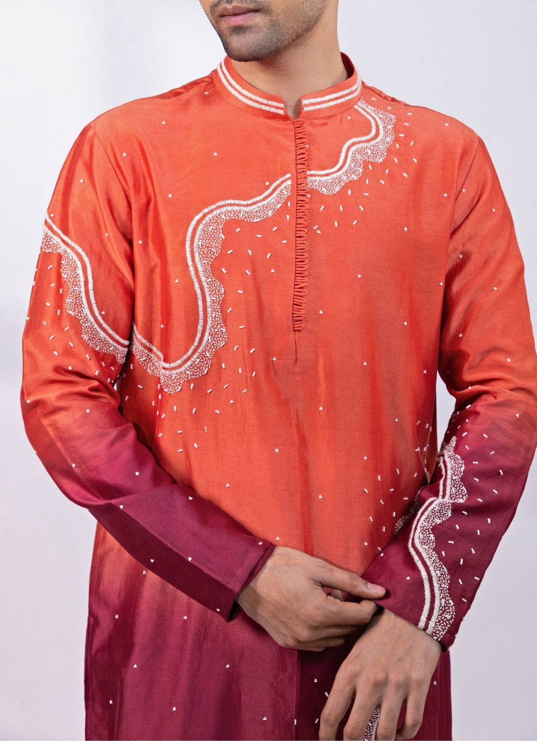 Smriti - Men Crimson Red Chanderi Silk Ombre Kurta SetFabilicious Fashion