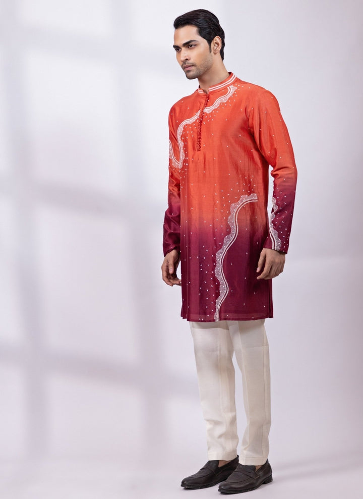 Smriti - Men Crimson Red Chanderi Silk Ombre Kurta SetFabilicious Fashion