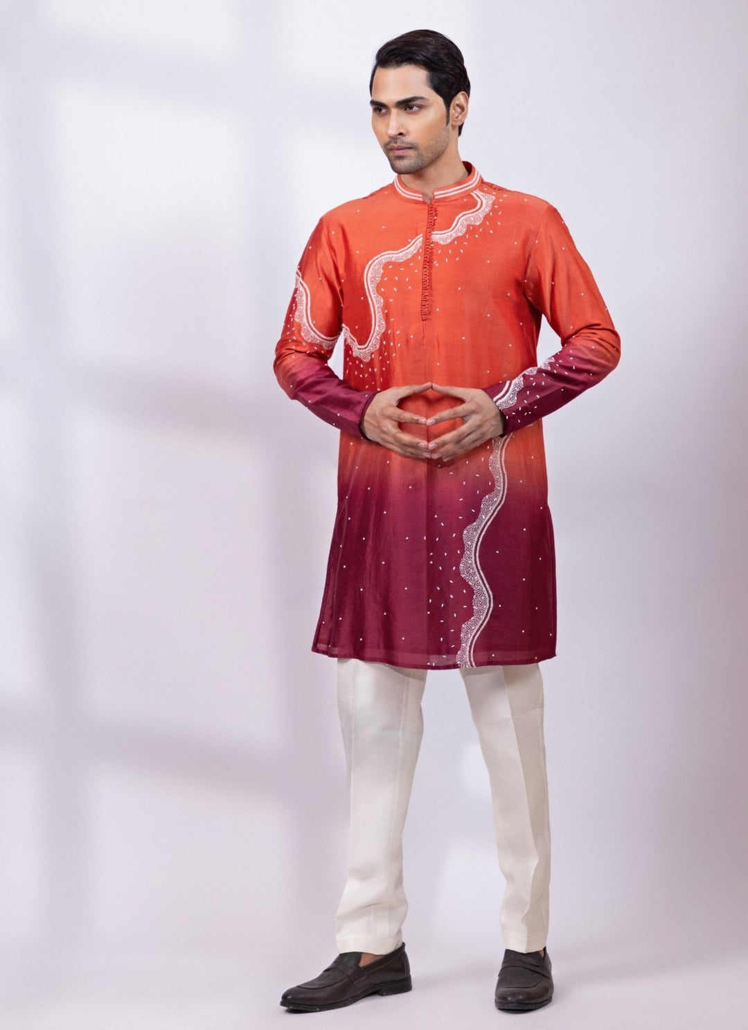 Smriti - Men Crimson Red Chanderi Silk Ombre Kurta SetFabilicious Fashion