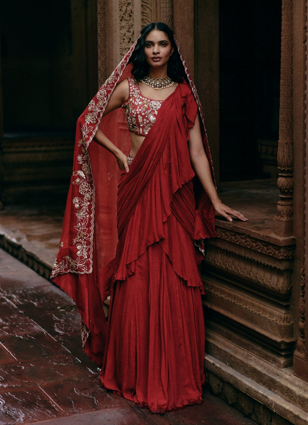 Crimson Red Chiffon Predraped Ruffle Saree Paulmi and Harsh - Fabilicious Fashion