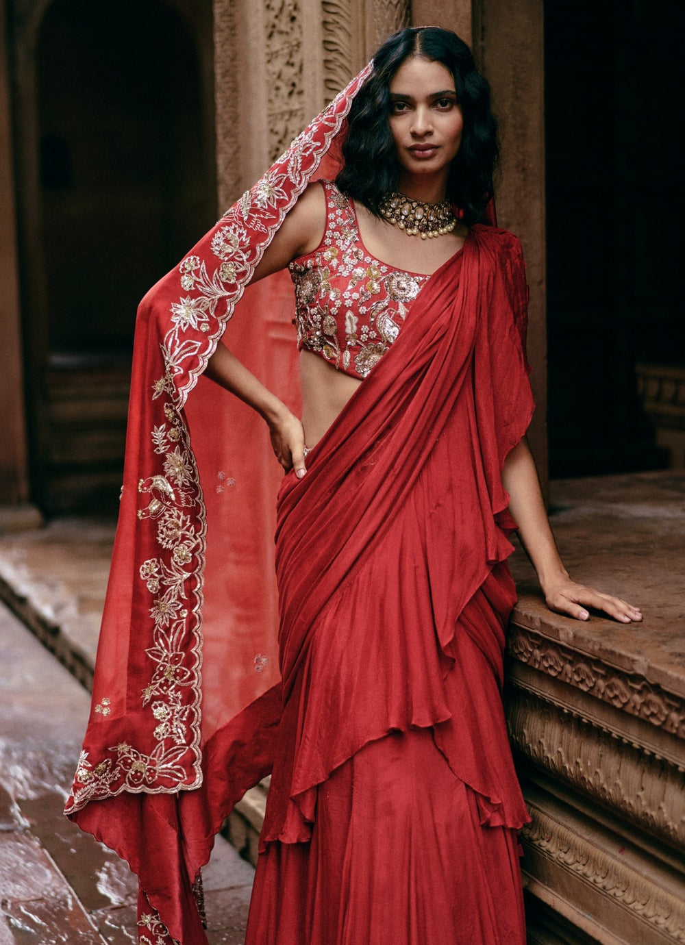 Crimson Red Chiffon Predraped Ruffle Saree Paulmi and Harsh - Fabilicious Fashion