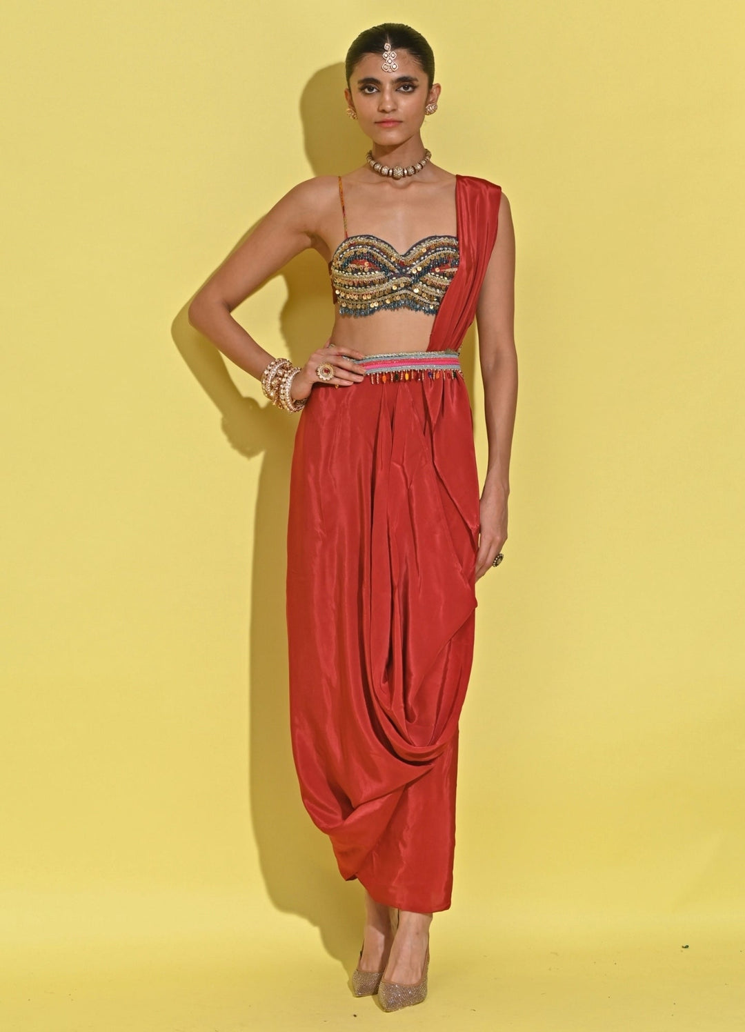 Rishi And Vibhuti Crimson Red Crepe Concept Saree SetFabilicious Fashion