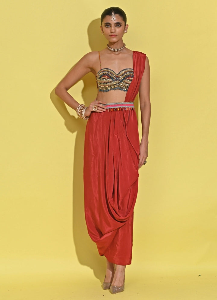 Rishi And Vibhuti Crimson Red Crepe Concept Saree SetFabilicious Fashion