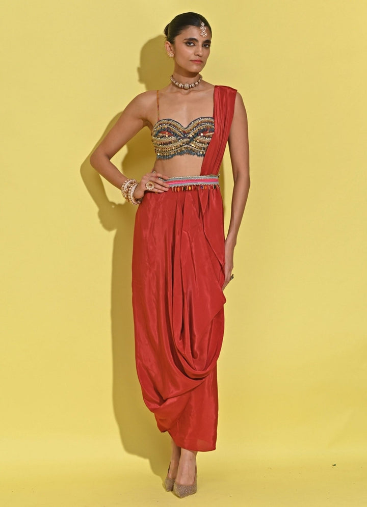 Rishi And Vibhuti Crimson Red Crepe Concept Saree SetFabilicious Fashion