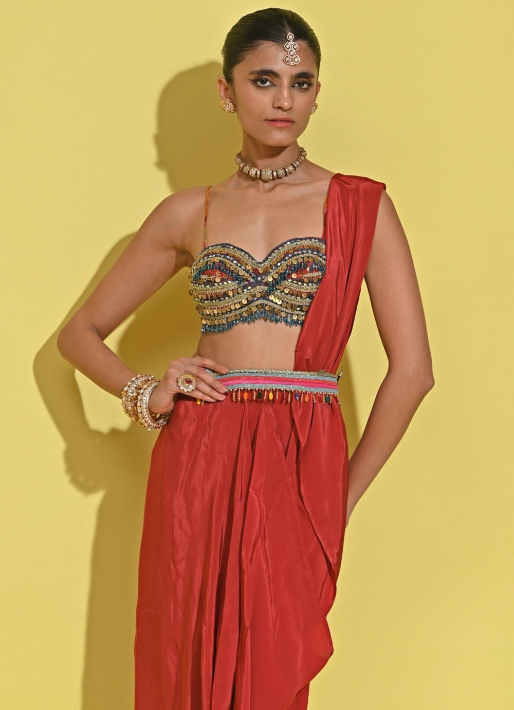 Rishi And Vibhuti Crimson Red Crepe Concept Saree SetFabilicious Fashion