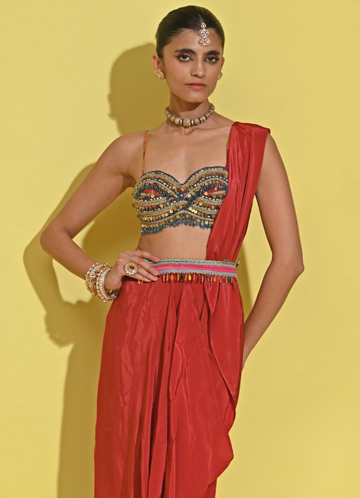 Rishi And Vibhuti Crimson Red Crepe Concept Saree SetFabilicious Fashion