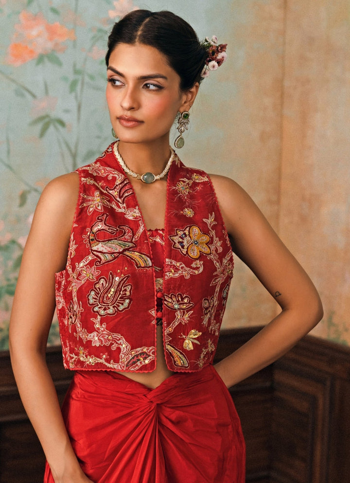 Paulmi and Harsh Crimson Red Crepe Drape Skirt Set With JacketFabilicious Fashion