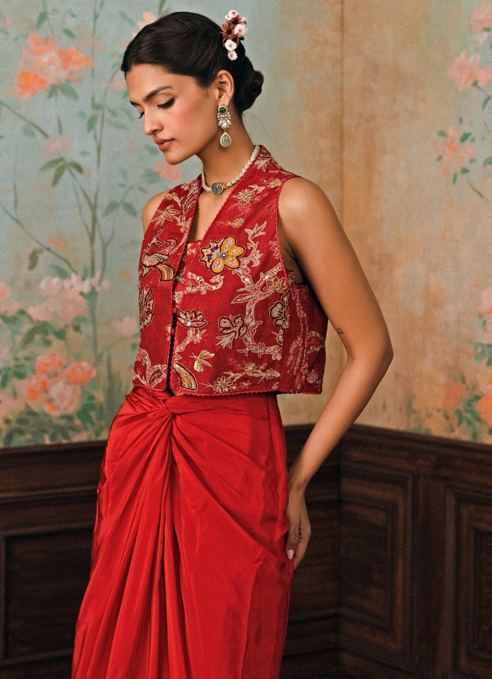 Paulmi and Harsh Crimson Red Crepe Drape Skirt Set With JacketFabilicious Fashion
