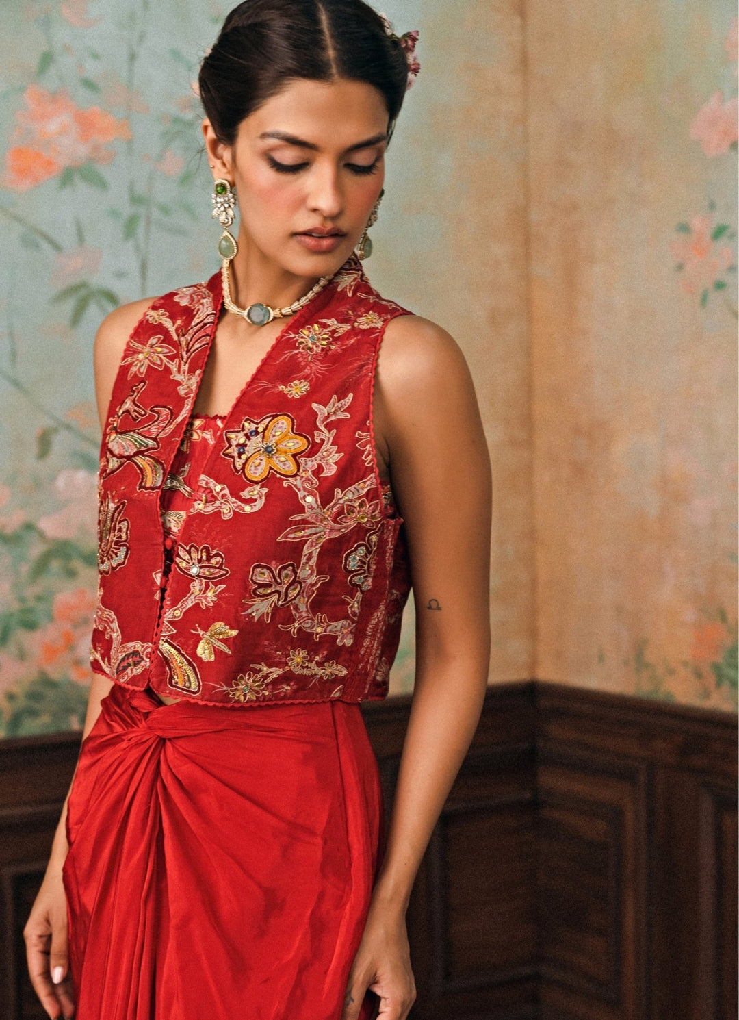 Paulmi and Harsh Crimson Red Crepe Drape Skirt Set With JacketFabilicious Fashion