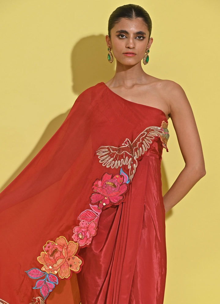 Rishi And Vibhuti Crimson Red Crepe Drape Skirt SetFabilicious Fashion