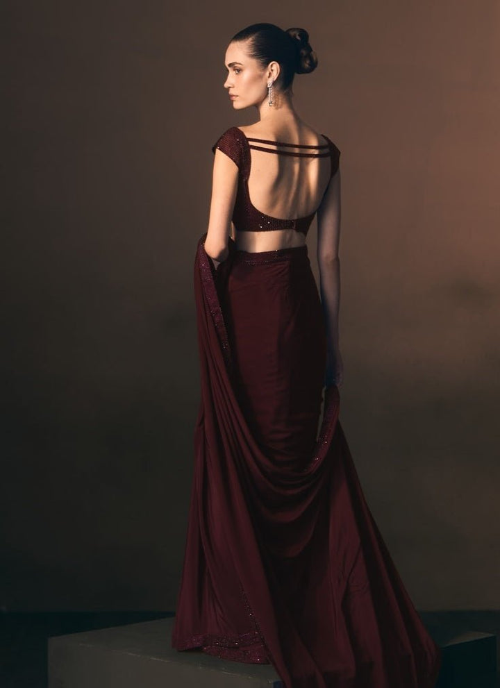 Angad Singh Crimson Red Crepe Pre-Draped SareeFabilicious Fashion