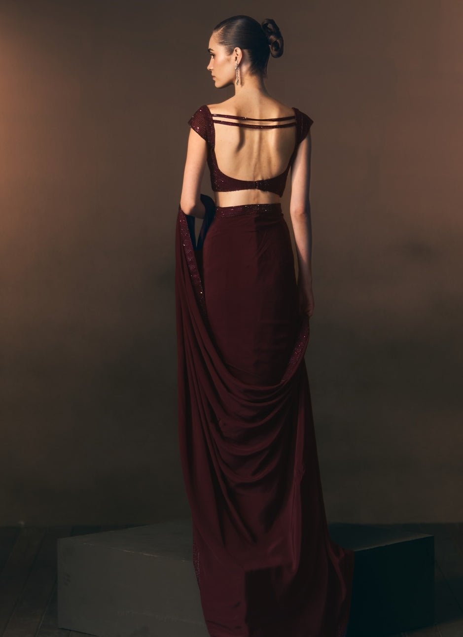 Angad Singh Crimson Red Crepe Pre-Draped SareeFabilicious Fashion