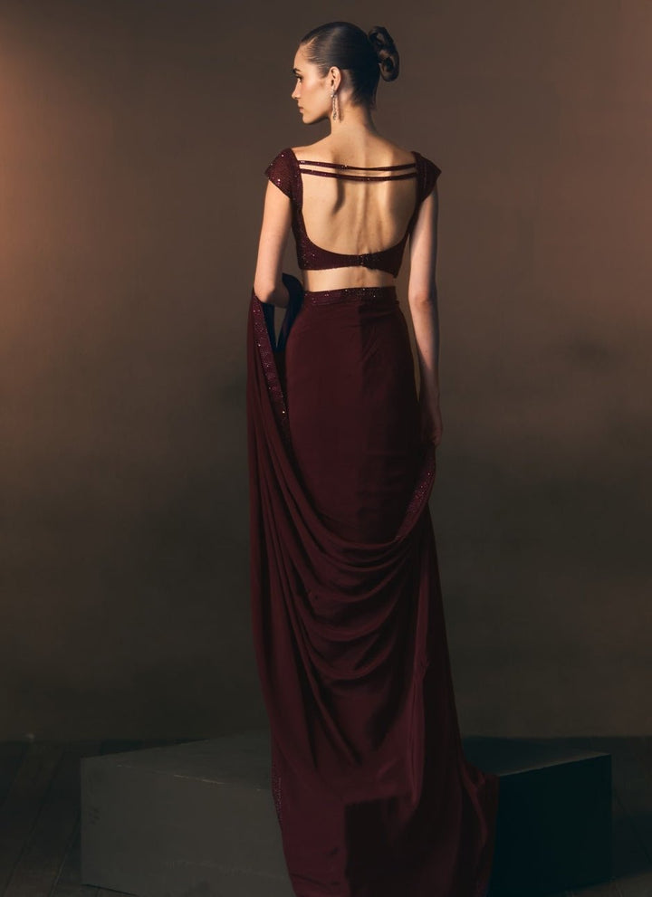 Angad Singh Crimson Red Crepe Pre-Draped SareeFabilicious Fashion